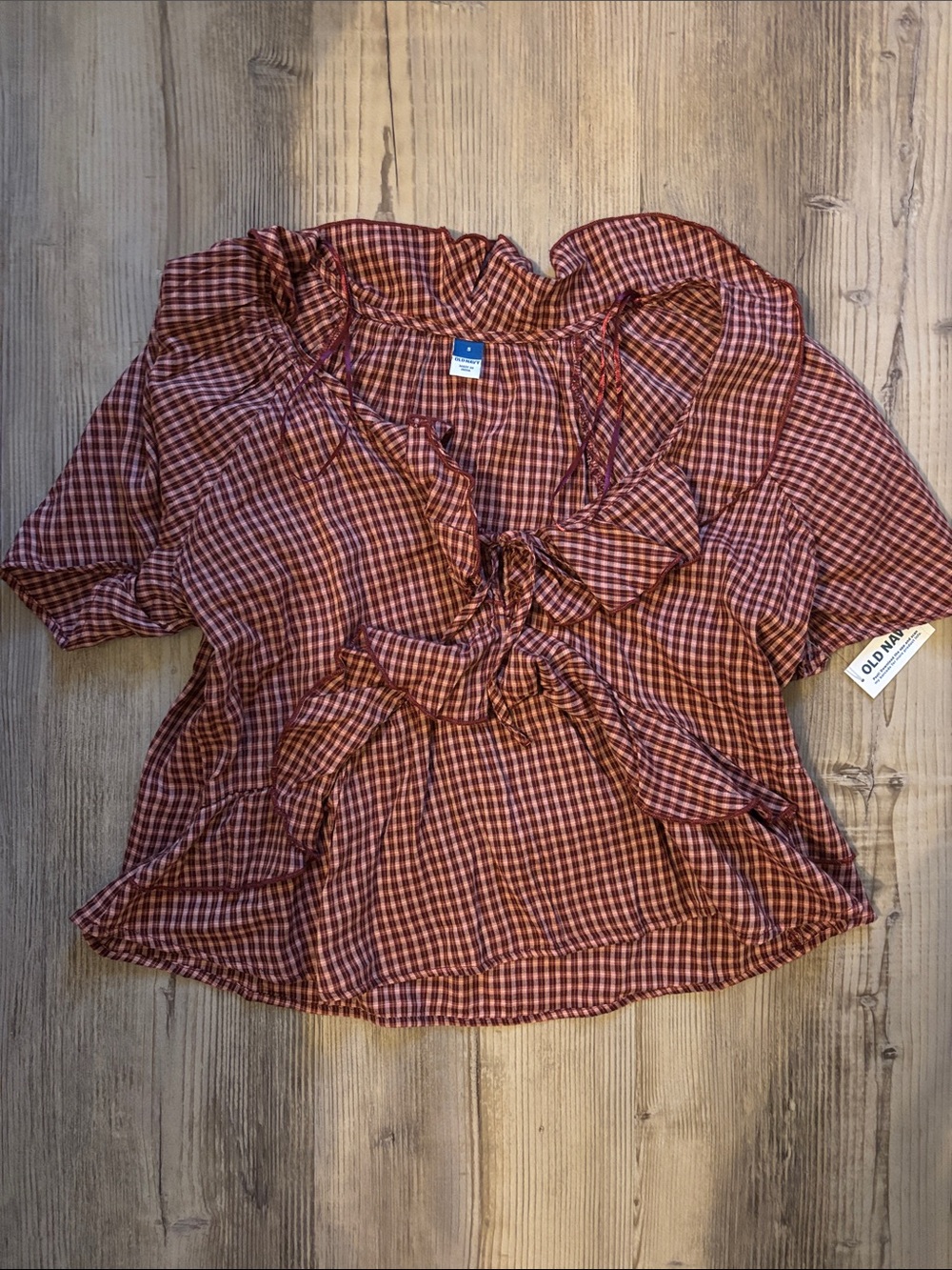 Old Navy Red Plaid Ruffle Tie-Front Blouse